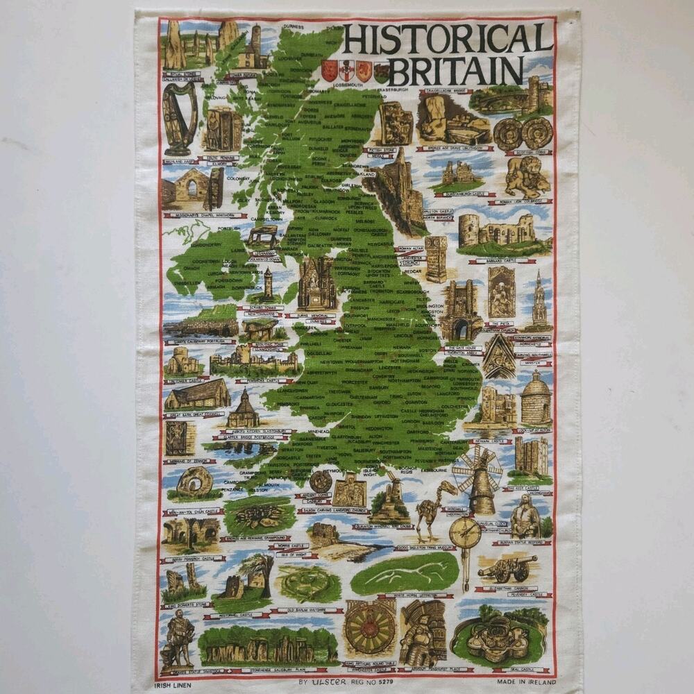 Vtg Ulster Irish Linen  Dish Tea Towel Britain Souvenir Map Wall‎ Art Repurpose